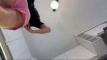 Sexy hot blonde girl in pajama shorts in the kitchen wants to flash her pussy no panties under her pyjama